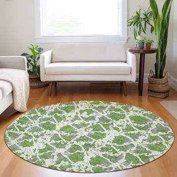 8' Green And Ivory Round Abstract Washable Indoor Outdoor Area Rug