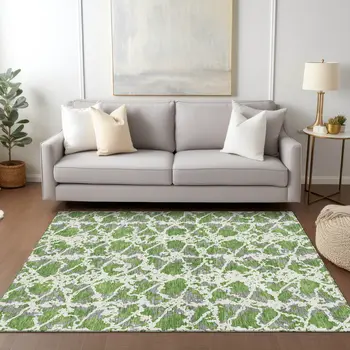 10' X 14' Green And Ivory Abstract Washable Indoor Outdoor Area Rug