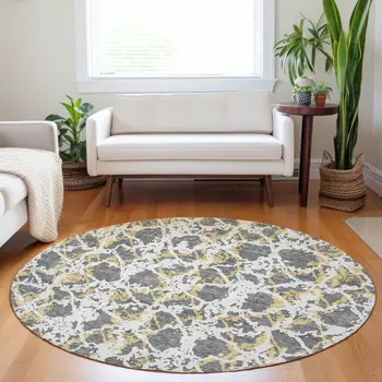 8' Gray And Ivory Round Abstract Washable Indoor Outdoor Area Rug