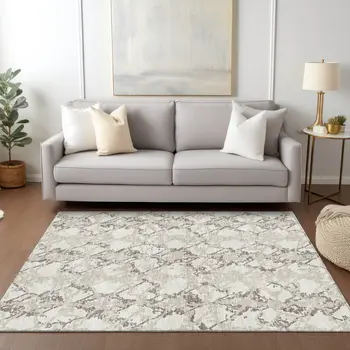3' X 5' Ivory And Taupe Abstract Washable Indoor Outdoor Area Rug