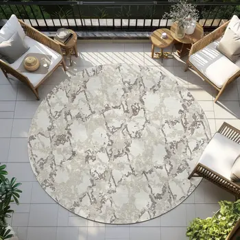 8' Ivory And Taupe Round Abstract Washable Indoor Outdoor Area Rug