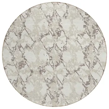8' Ivory And Taupe Round Abstract Washable Indoor Outdoor Area Rug