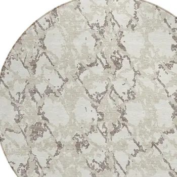 8' Ivory And Taupe Round Abstract Washable Indoor Outdoor Area Rug