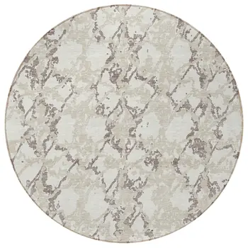 8' Ivory And Taupe Round Abstract Washable Indoor Outdoor Area Rug