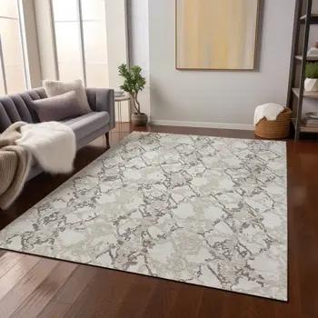 8' X 10' Ivory And Taupe Abstract Washable Indoor Outdoor Area Rug