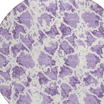 8' Lilac And Ivory Round Abstract Washable Indoor Outdoor Area Rug