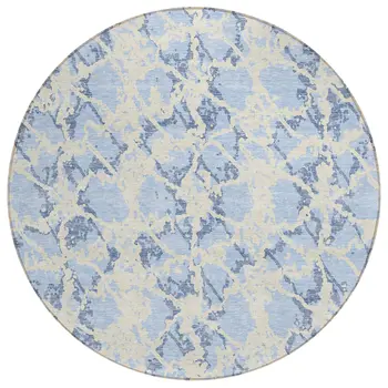 8' Sky Blue And Ivory Round Abstract Washable Indoor Outdoor Area Rug