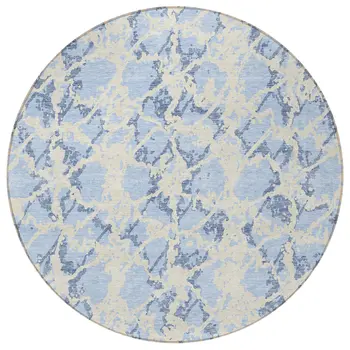 8' Sky Blue And Ivory Round Abstract Washable Indoor Outdoor Area Rug