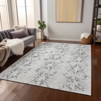 5' X 8' Silver And Ivory Abstract Washable Indoor Outdoor Area Rug