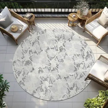 8' Silver And Ivory Round Abstract Washable Indoor Outdoor Area Rug