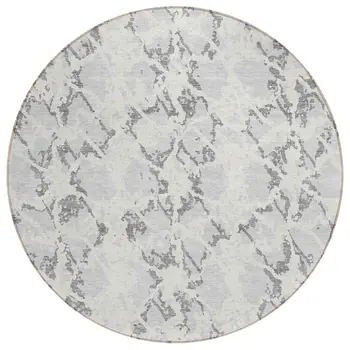8' Silver And Ivory Round Abstract Washable Indoor Outdoor Area Rug