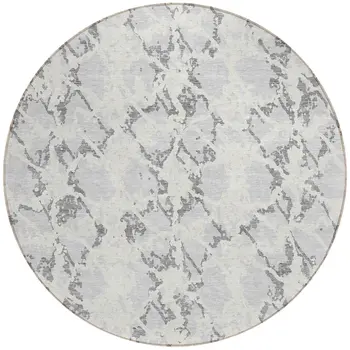 8' Silver And Ivory Round Abstract Washable Indoor Outdoor Area Rug