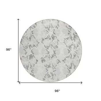 8' Silver And Ivory Round Abstract Washable Indoor Outdoor Area Rug