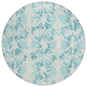 8' Teal Blue And Ivory Round Abstract Washable Indoor Outdoor Area Rug