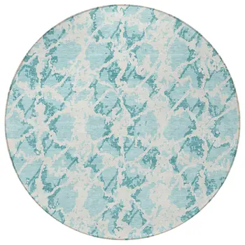 8' Teal Blue And Ivory Round Abstract Washable Indoor Outdoor Area Rug