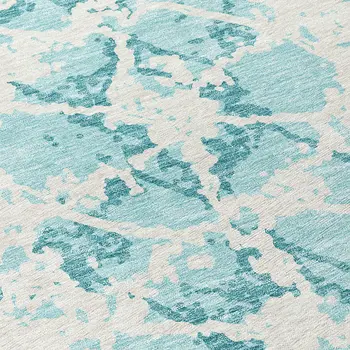 8' Teal Blue And Ivory Round Abstract Washable Indoor Outdoor Area Rug