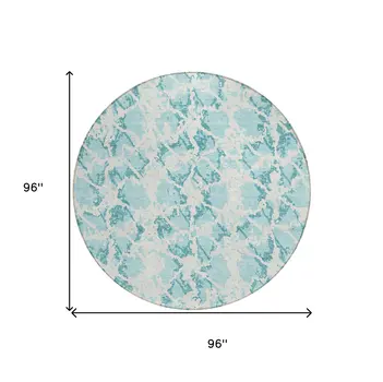 8' Teal Blue And Ivory Round Abstract Washable Indoor Outdoor Area Rug
