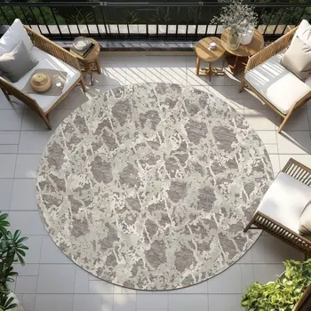 8' Taupe And Ivory Round Abstract Washable Indoor Outdoor Area Rug