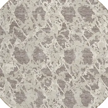 8' Taupe And Ivory Round Abstract Washable Indoor Outdoor Area Rug