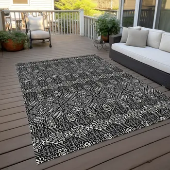 3' X 5' Black And Ivory Tribal Washable Indoor Outdoor Area Rug
