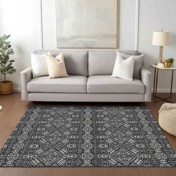 3' X 5' Black And Ivory Tribal Washable Indoor Outdoor Area Rug