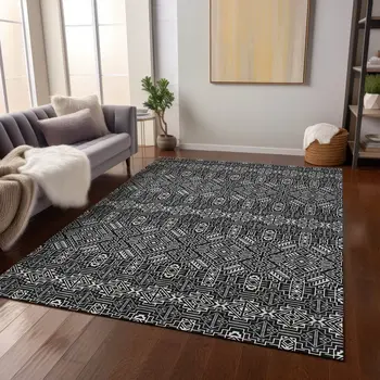 3' X 5' Black And Ivory Tribal Washable Indoor Outdoor Area Rug