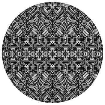8' Black And Ivory Round Tribal Washable Indoor Outdoor Area Rug