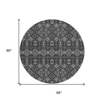 8' Black And Ivory Round Tribal Washable Indoor Outdoor Area Rug