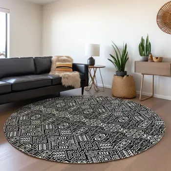 8' Black And Ivory Round Tribal Washable Indoor Outdoor Area Rug