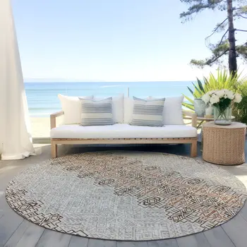 8' Brown And Beige Round Tribal Washable Indoor Outdoor Area Rug