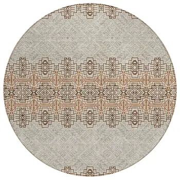 8' Brown And Beige Round Tribal Washable Indoor Outdoor Area Rug
