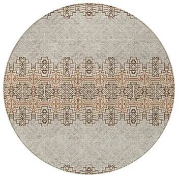 8' Brown And Beige Round Tribal Washable Indoor Outdoor Area Rug