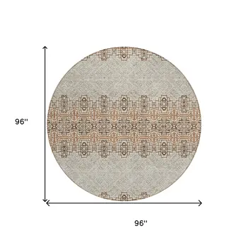 8' Brown And Beige Round Tribal Washable Indoor Outdoor Area Rug