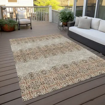 10' X 14' Brown And Beige Tribal Washable Indoor Outdoor Area Rug