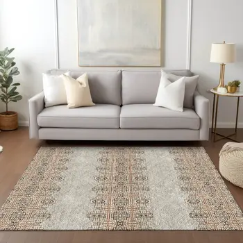 10' X 14' Brown And Beige Tribal Washable Indoor Outdoor Area Rug