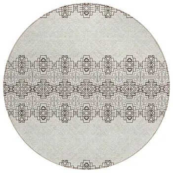 8' Chocolate And Ivory Round Tribal Washable Indoor Outdoor Area Rug