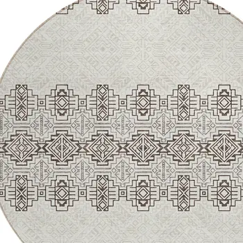 8' Chocolate And Ivory Round Tribal Washable Indoor Outdoor Area Rug