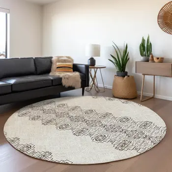 8' Chocolate And Ivory Round Tribal Washable Indoor Outdoor Area Rug