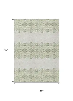 3' X 5' Green And Ivory Tribal Washable Indoor Outdoor Area Rug