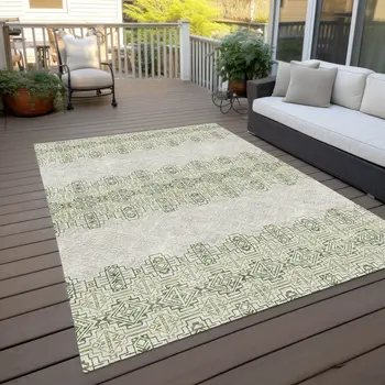 3' X 5' Green And Ivory Tribal Washable Indoor Outdoor Area Rug