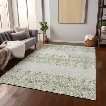 3' X 5' Green And Ivory Tribal Washable Indoor Outdoor Area Rug