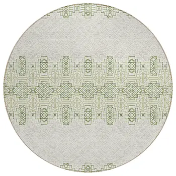 8' Green And Ivory Round Tribal Washable Indoor Outdoor Area Rug