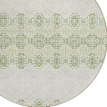8' Green And Ivory Round Tribal Washable Indoor Outdoor Area Rug