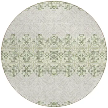 8' Green And Ivory Round Tribal Washable Indoor Outdoor Area Rug
