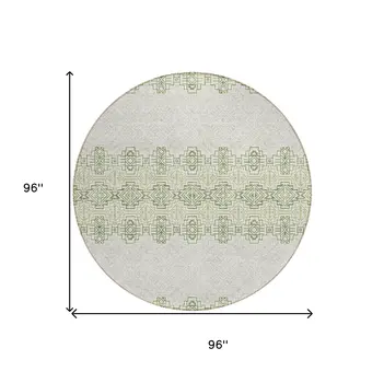 8' Green And Ivory Round Tribal Washable Indoor Outdoor Area Rug