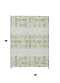 9' X 12' Green And Ivory Tribal Washable Indoor Outdoor Area Rug