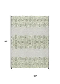 10' X 14' Green And Ivory Tribal Washable Indoor Outdoor Area Rug
