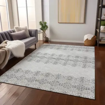 5' X 8' Gray And Ivory Tribal Washable Indoor Outdoor Area Rug