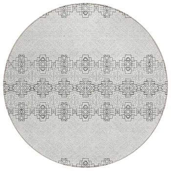 8' Gray And Ivory Round Tribal Washable Indoor Outdoor Area Rug