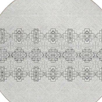 8' Gray And Ivory Round Tribal Washable Indoor Outdoor Area Rug
